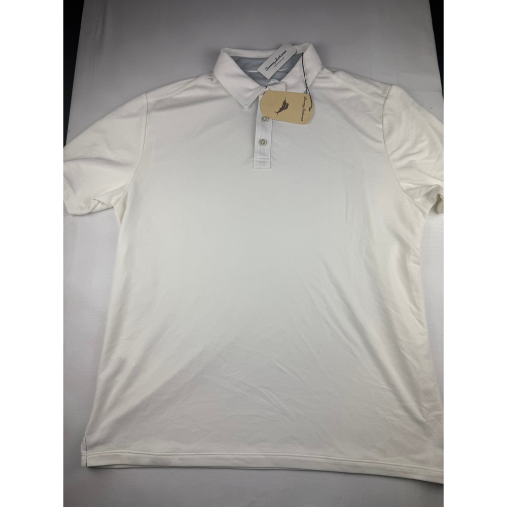 Tommy Bahama Polo Shirt Large White Short Sleeve Textured Performance Logo